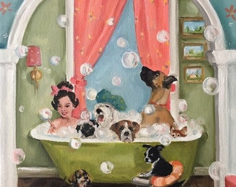 The Bubblebath - Stampa d'arte, Arte della parete stravagante, Cani, Arte del cane, Stampa Giclée, Bagno, Arte divertente