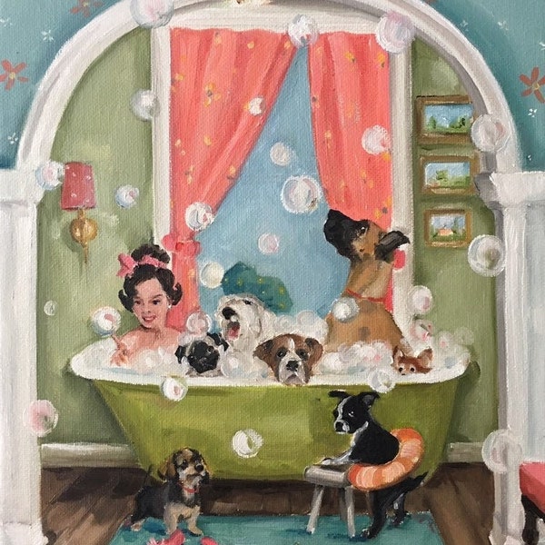 Het bubbelbad - Fine Art Print, grillige muurkunst, honden, hondenkunst, Giclée Print, bad, leuke kunst