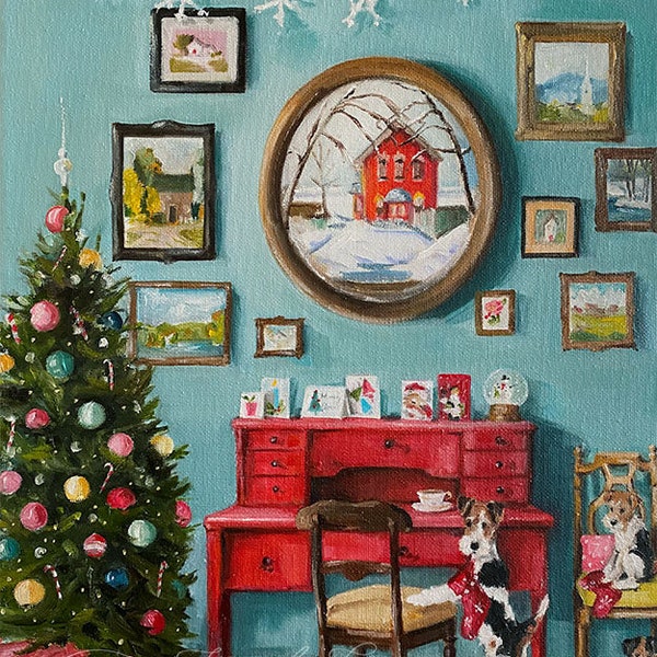 Stocking Stuffers - Fine Art Print by Lisa Finch, French Canvas Studio, Whimsical Christmas Holiday Art