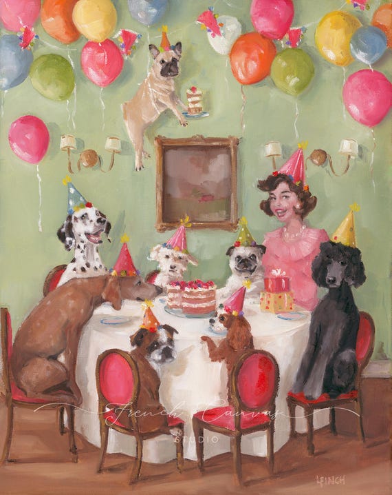 Angel Food Cake -  Fine Art Print, Lisa Finch Artist, Whimsical Dog Party