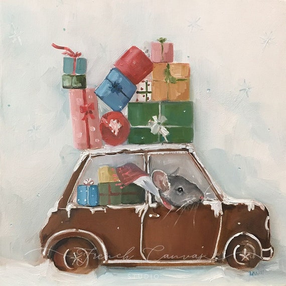 The Gingerbread Car - Fine Art Print, Whimsical, Original Artwork, French Canvas Studio, Wall Art, Giclée, Giclee Print, Christmas, Winter