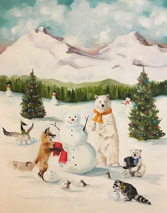 The Happiest Snowman - Fine Art Print, Winter Art, Animal Art, Christmas, Snowmen, French Canvas Studio, Giclee, Fine Art Print, Nature Art