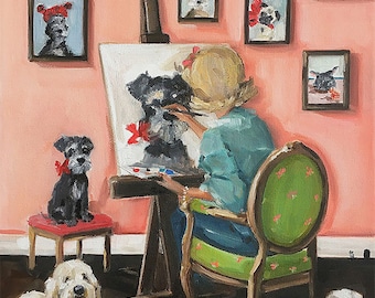 May include: A painting of a young girl sitting in a chair and painting a portrait of a dog. There are several framed pictures of dogs on the wall behind her. The painting is titled "French Canvas Studio".