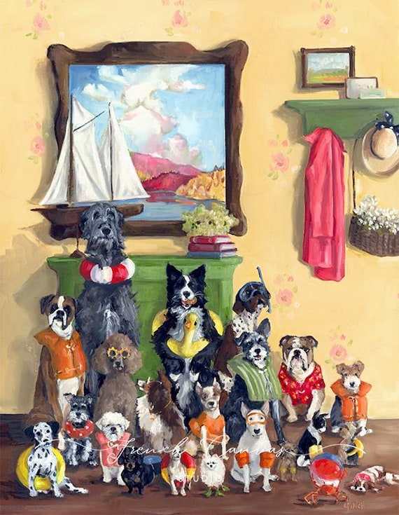 Life At The Lake House - Fine Art Print, French Canvas Studio, Lisa Finch Artist, Whimsical Wall Art, Dog Art