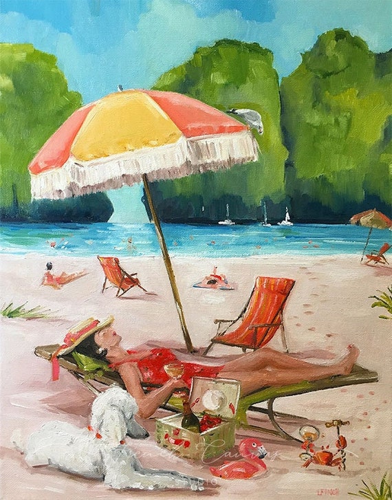 Celebrating Summer - Fine Art Print, Giclée, Giclee Print, Whimsical Wall Art, Dog Art, Beach, French Canvas Studio