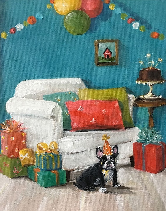 The Birthday Boy - 5.5 x 7 Fine Art Print, Giclee, Giclee Print, Whimsical Wall Art, Dog Art, French Canvas Studio, Birthday