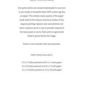 Pu&ograve; includere: Documento su carta bianca con testo sulle stampe gicl&eacute;e, inclusi dettagli sul tipo di carta, la qualit&agrave; di stampa e le dimensioni disponibili: 14 x 18 cm, 20 x 25 cm e 28 x 36 cm. Il testo menziona anche che la cornice non &egrave; inclusa.