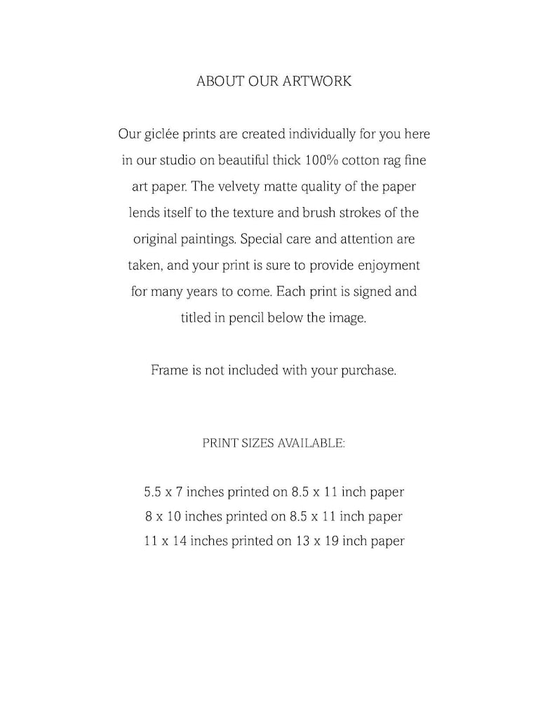 Pu&ograve; includere: Documento su carta bianca con testo sulle stampe gicl&eacute;e, inclusi dettagli sul tipo di carta, la qualit&agrave; di stampa e le dimensioni disponibili: 14 x 18 cm, 20 x 25 cm e 28 x 36 cm. Il testo menziona anche che la cornice non &egrave; inclusa.