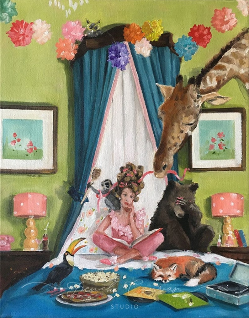May include: A painting of a girl reading a book in bed with a giraffe, monkey, bear, and fox. The bed is decorated with colorful pom-poms and a blue blanket. There is a record player, popcorn, and pizza on the bed.