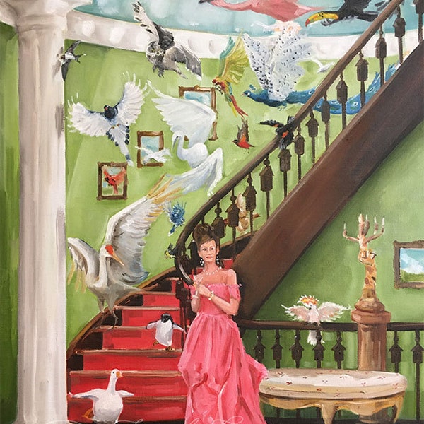 The Great Flight - Fine Art Print by Lisa Finch, Whimsical Bird & Lady on Stairs Giclee