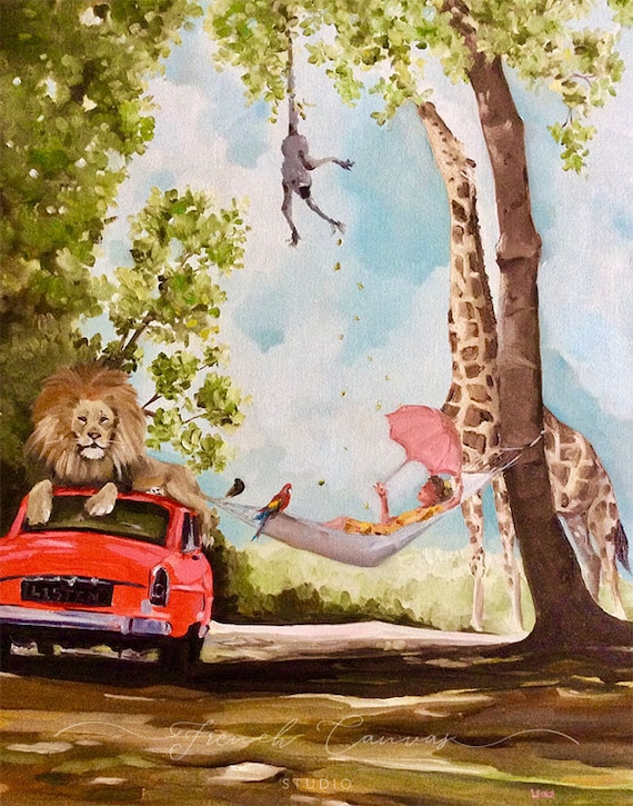 Afternoon In Africa - Fine Art Print, Giclée, Giclee Print, Whimsical Wall Art, Animal Art Adventures, French Canvas Studio