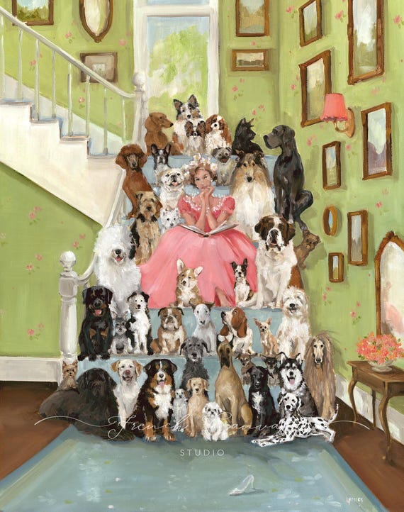 The Glass Slipper Art Print, Whimsical Fairy Tale Wall Art with Dogs, Dog Lovers Gifts