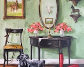 Red Riding Boots - Fine Art Print, Giclee Print, Whimsical Art, French Canvas Studio, Dog Art, Vintage Interiors, Horse Lover