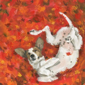 May include: An oil painting of a white dog with brown patches on its head, lying on its back in a pile of vibrant red and orange autumn leaves. The dog has its eyes closed and paws tucked inward, surrounded by thick, textured brushstrokes of fall foliage.