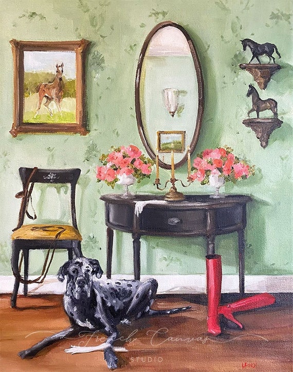 Red Riding Boots - Fine Art Print, Giclee Print, Whimsical Art, French Canvas Studio, Dog Art, Vintage Interiors, Horse Lover