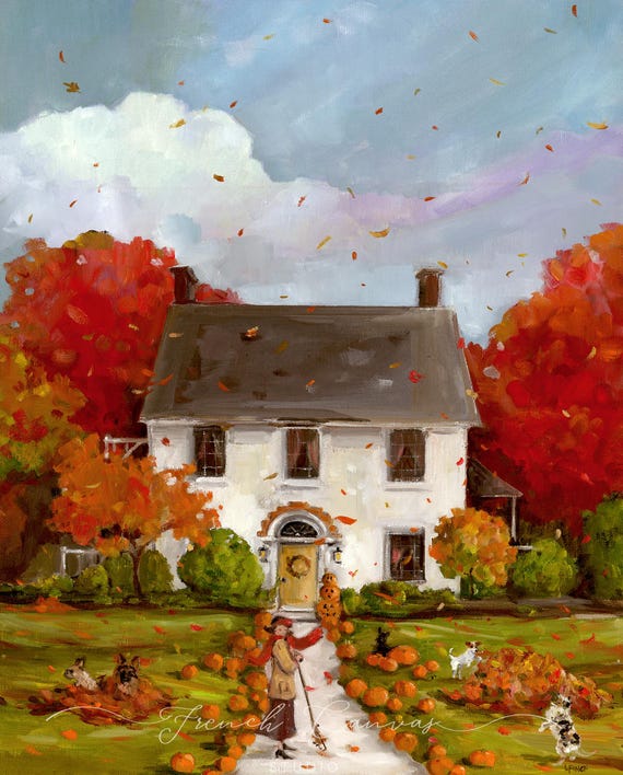 Falling Leaves Art Print, Whimsical Wall Art, Colorful Painting, Dogs Art