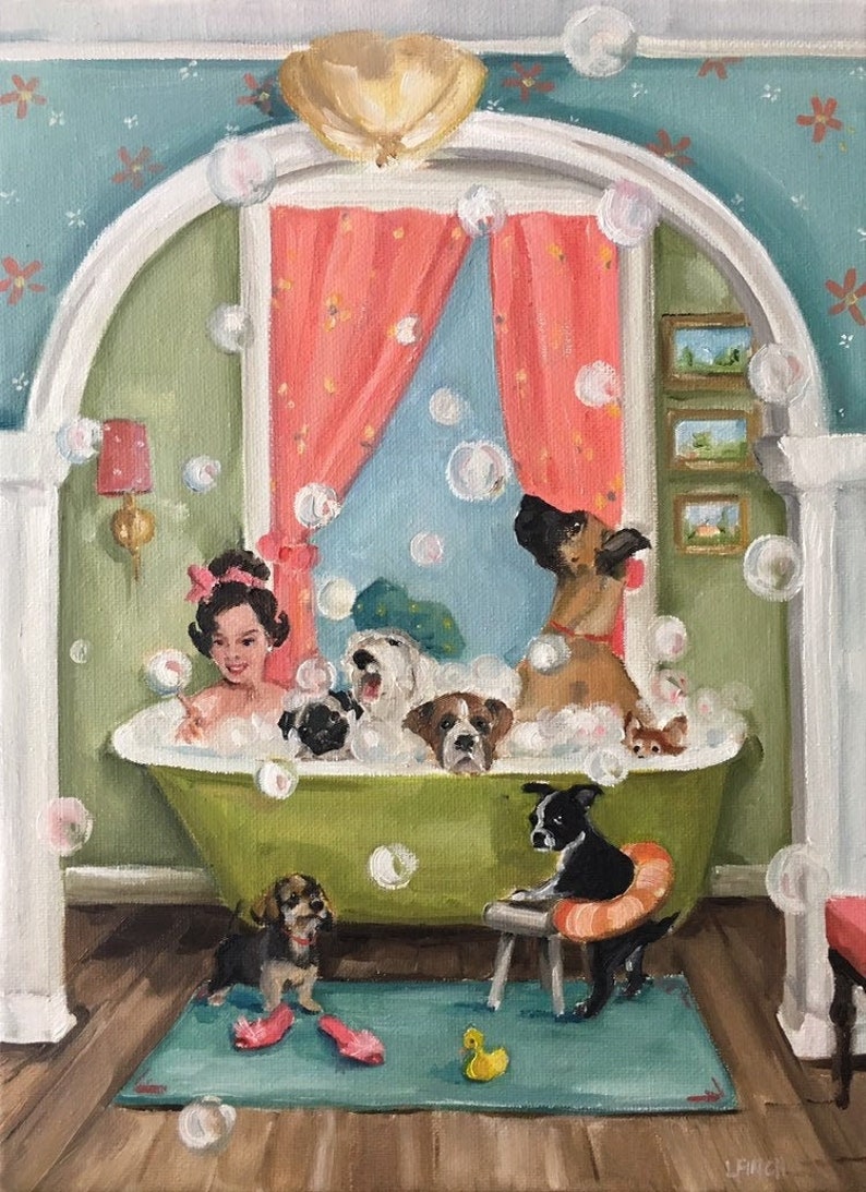 The Bubblebath Fine Art Print, Whimsical Wall Art, Dogs, Dog Art, Giclée Print, Bath, Fun Art image 1