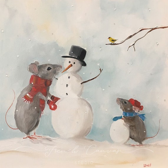 The Jolly Snowman - 6 x 6 Fine Art Print, Giclee, Giclee Print, Whimsical Wall Art, Holiday, French Canvas Studio