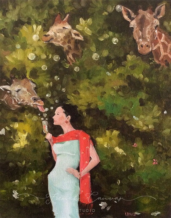 Champagne In The Afternoon - Fine Art Print, Giclee, Art, Original Artwork, French Canvas Studio, Animal Art, Whimsical, Wall Art, Art Print