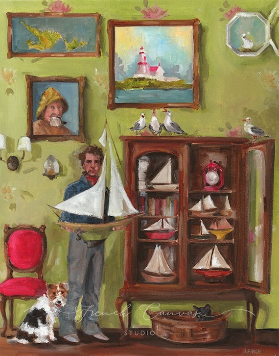 The Lighthouse Keeper, Fine Art Print, Giclee, Whimsical Art Print, French Canvas Studio, Wall Art, Seaside Art