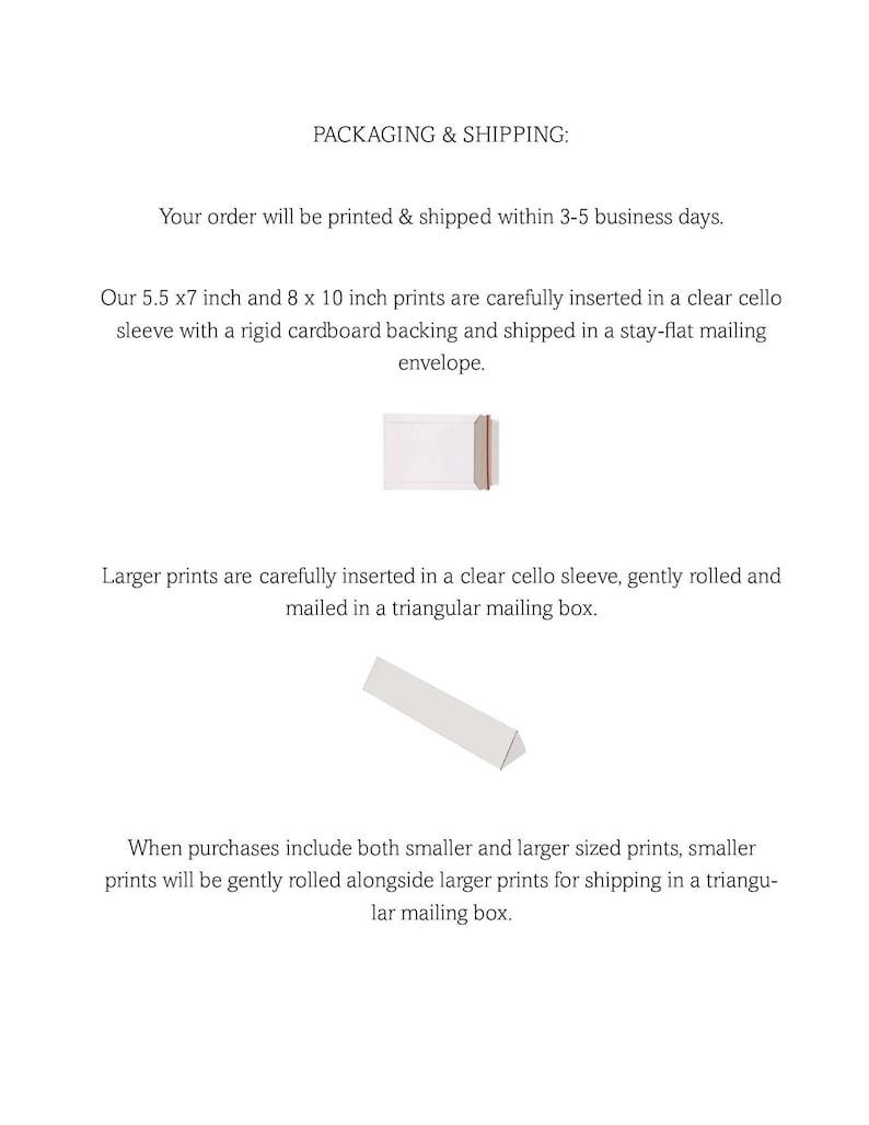 K&ouml;nnte beinhalten: Eine Infografik mit dem Titel PACKAGING & SHIPPING, die Schutzmethoden f&uuml;r Drucke beschreibt. Sie zeigt eine durchsichtige H&uuml;lle mit Kartonr&uuml;cken f&uuml;r 14 x 18 cm und 20 x 25 cm gro&szlig;e Drucke sowie eine dreieckige Versandbox f&uuml;r gr&ouml;&szlig;ere, gerollte Drucke.