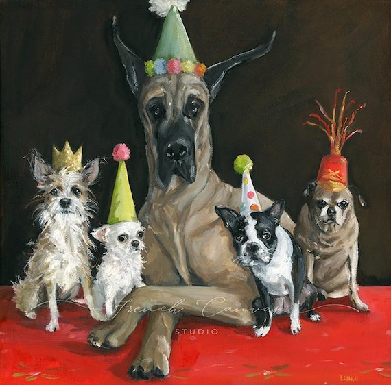 Party Hats - Fine Art Print, Dog Art, Original Artwork, Wall Art, Giclee, French Canvas Studio, Whimsical Art