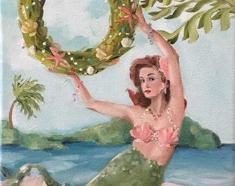 The Mermaid Wreath - Fine Art Print, Giclee, Giclee Print, French Canvas Studio, Mermaid, Whimsical Art