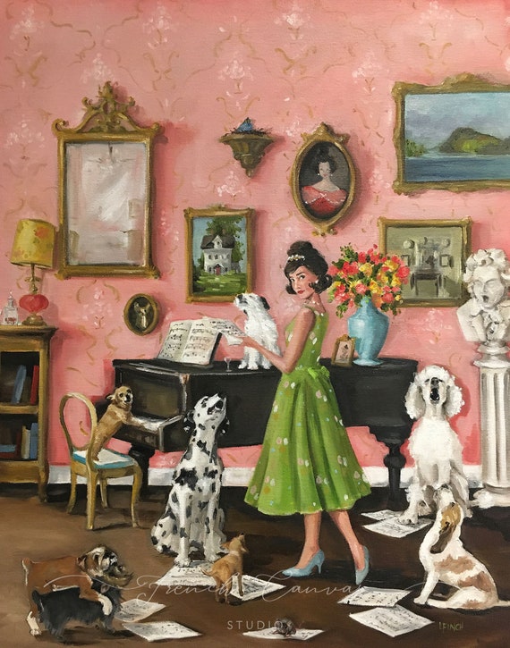 A Serendipitous Serenade of Sorts - Fine Art Print, Whimsical Art, Giclée Print, French Canvas Studio, Original Artwork, Dog Art, Giclée
