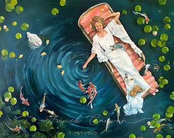 The Water Garden Art Print, Cottagecore Wall Decor, Whimsical Dog Art, Koi Pond Painting, Feminine Giclée Fine Art Print