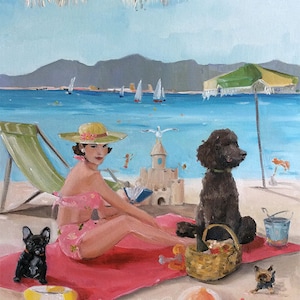 A Day in St. Tropez - Fine Art Print, Whimsical Art, Dogs, Beach Art, The French Riviera, Giglee Print, Giclée, Original Art, Wall Art, Art