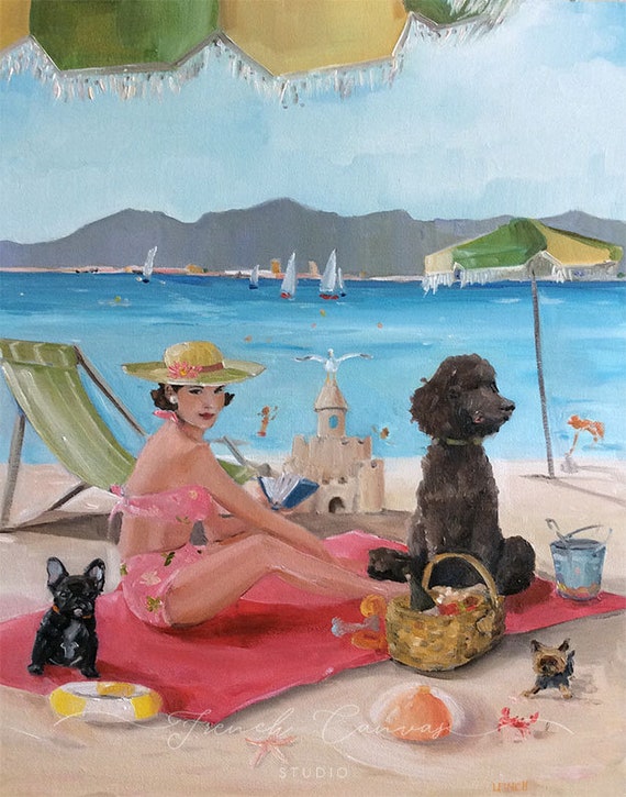 A Day in St. Tropez - Fine Art Print, Whimsical Art, Dogs, Beach Art, The French Riviera, Giglee Print, Giclée, Original Art, Wall Art, Art