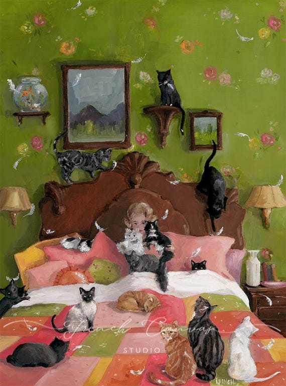 The Old Feather Bed - Fine Art Print, Giclée, Lisa Finch Artist, French Canvas Studio, Cat Art, Whimsical Wall Art