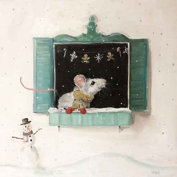 The First Snowfall -  6 x 6 Small Fine Art Print, Whimsical Art, Giclée, Giclee Print, Animal Art, French Canvas Studio