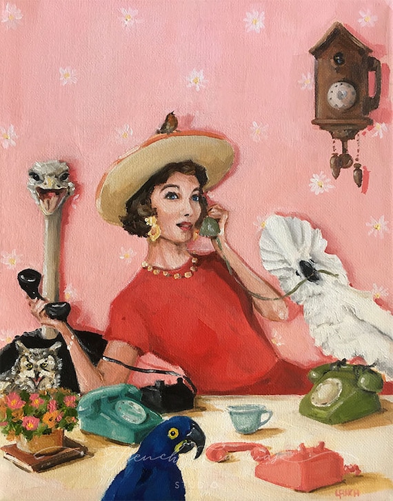 Broken Telephone - Fine Art Print, Giclée, Giclee Print, Whimsical Wall Art, Bird Art, French Canvas Studio