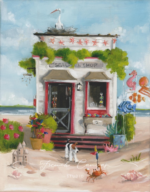 The Seashell Shop - Fine Art Print, Original Artwork, Lisa Finch Artist, French Canvas Studio, Whimsical Wall Art, Giclée, Giclee Print