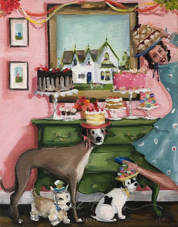 The Happy Baker - Fine Art Print, Fun and Happy Art, Wall Art, Giclée, Giclee Print, Cake Art, Dog Art, Whimsical
