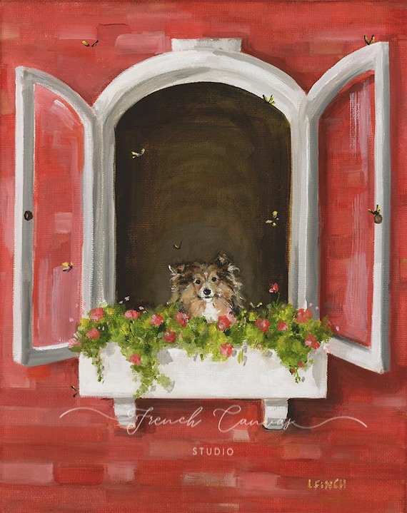 Hello Spring - Fine Art Print, Giclee, Lisa Finch Artist, French Canvas Studio, Whimsical, Art Print, Animal Art, Dog Art