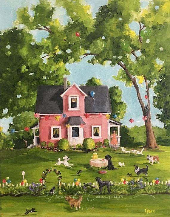 Summertime Fun - Fine Art Print, Giclee, Original Art, Wall Art, Dog Art, Whimsical, French Canvas Studio, Animal Lover, Lisa Finch, Art
