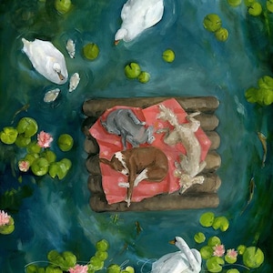 Gently Down the Stream - Fine Art Print, Lisa Finch Artist, Whimsical Art, Dog Art, Giclee Print, French Canvas Studio, Original Artwork