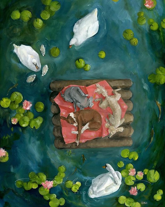 Gently Down the Stream - Fine Art Print, Lisa Finch Artist, Whimsical Art, Dog Art, Giclee Print, French Canvas Studio, Original Artwork