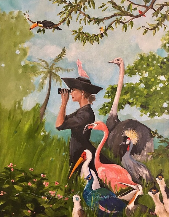 The Birdwatcher - 18 x 24 Art Print, Whimsical Wall Art, Giclee, Lisa Finch Art, Bird Art, French Canvas Studio