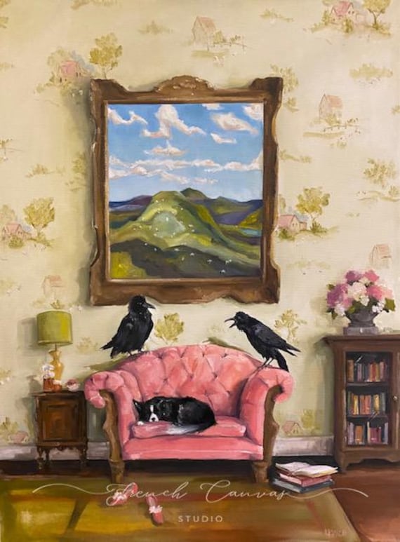Counting Sheep - Fine Art Print, Lisa Finch Artist, Whimsical Country Interior with Crows