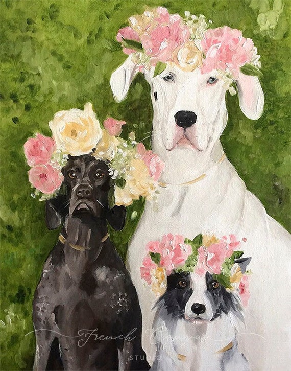 The Flower Girls - Fine Art Print, Giclée, Giclee Print, Whimsical Wall Art, Dog Art, Wedding, French Canvas Studio