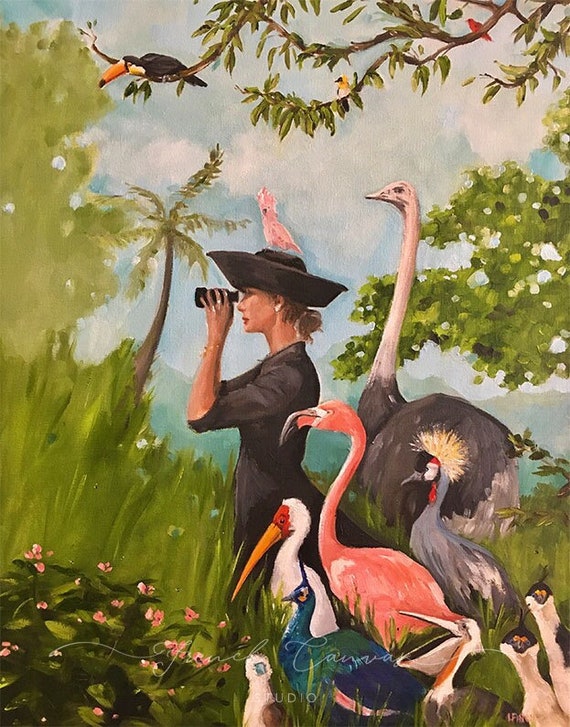 The Birdwatcher - Fine Art Print, Whimsical Art Print, Bird Art, Collection of Birds, Giclee Print, French Canvas Studio, Original Artwork