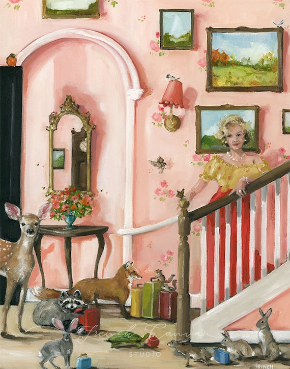 Weekend at Rose Cottage,  Fine Art Giclee Print, Whimsical Art, Original Artwork, French Canvas, Giclee, Lisa Finch, Animal Art, Wall Art