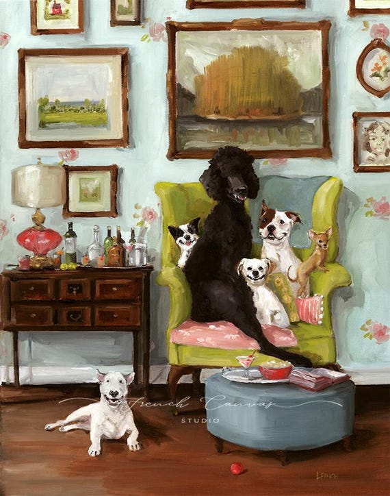 Happy Hour - Fine Art Print, Giclee, Lisa Finch Artist, French Canvas Studio, Whimsical Dog Art