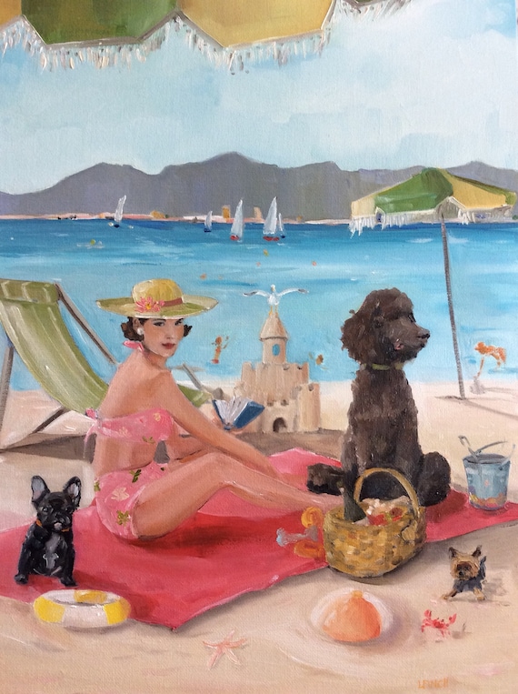 A Day in St. Tropez - Fine Art Print, Whimsical Art, Dogs, Beach Scene, The French Riviera, Sunshine and Sand, Giglee Print