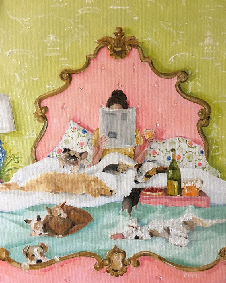 The Saturday Paper Fine Art Print, Whimsical Art, Dog Print, Giclee Print, Dog Art, Lady in Bed with Dogs image 1