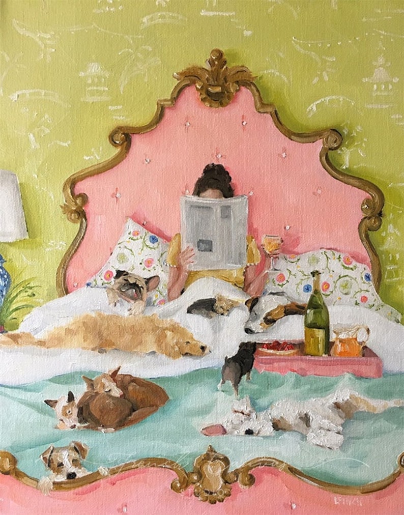 The Saturday Paper Dog Art Print, Whimsical Pet Wall Decor, Cozy Reading Nook Art, Dog Lover Gift, Cottagecore Giclée image 1