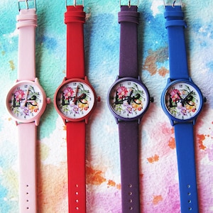 Free Fast Shipping - Love Print Watch - Vegan Leather Boho Wrist Watch - Solid Purple, Pink, Blue Watches - Colorful Love Gift for Her